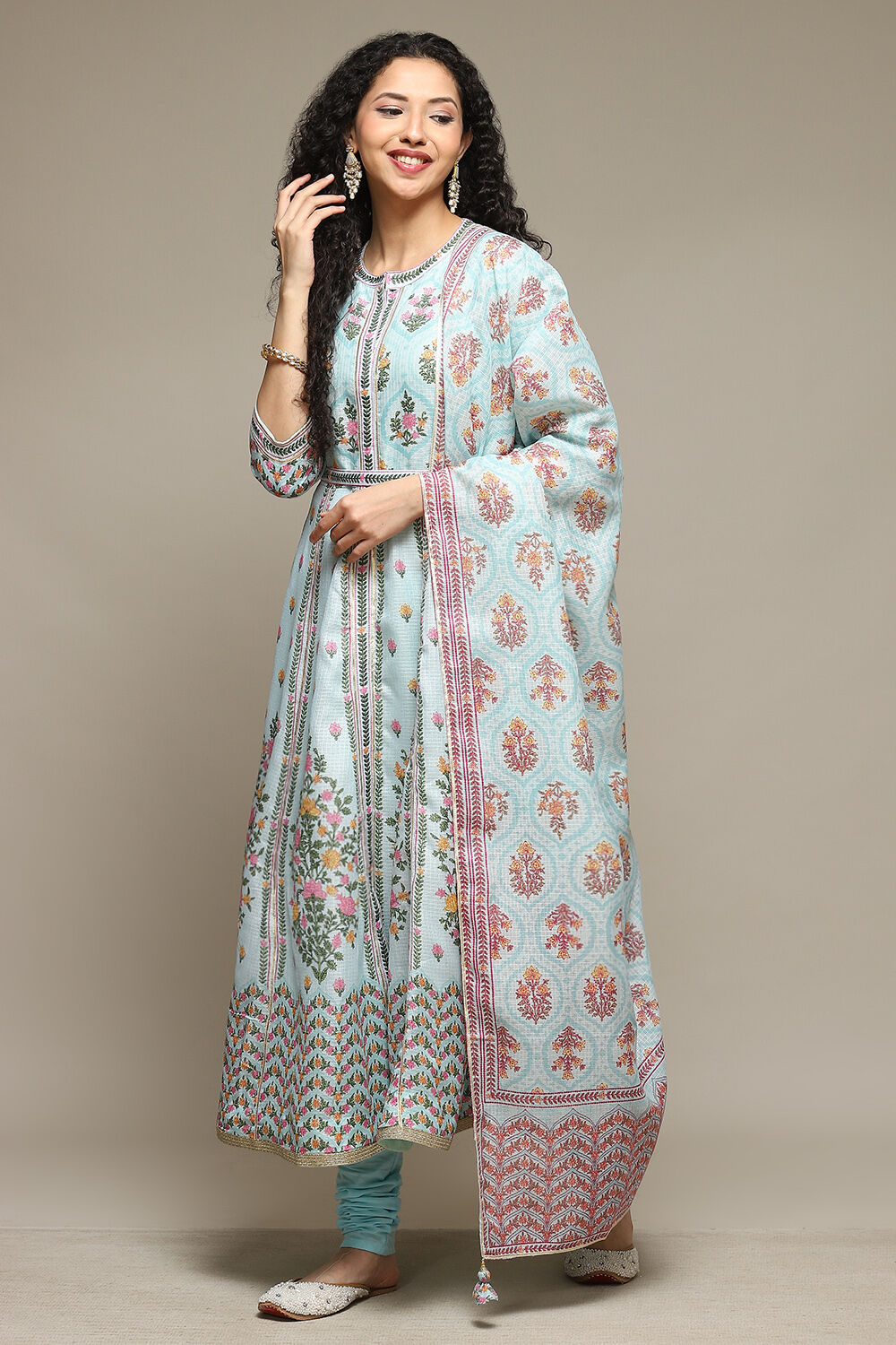 Sea Blue Cotton Blend Anarkali Kurta Churidar Suit Set image number 5