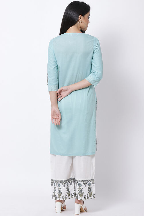 Sea Green Cotton Straight Kurta Palazzo Suit Set image number 4