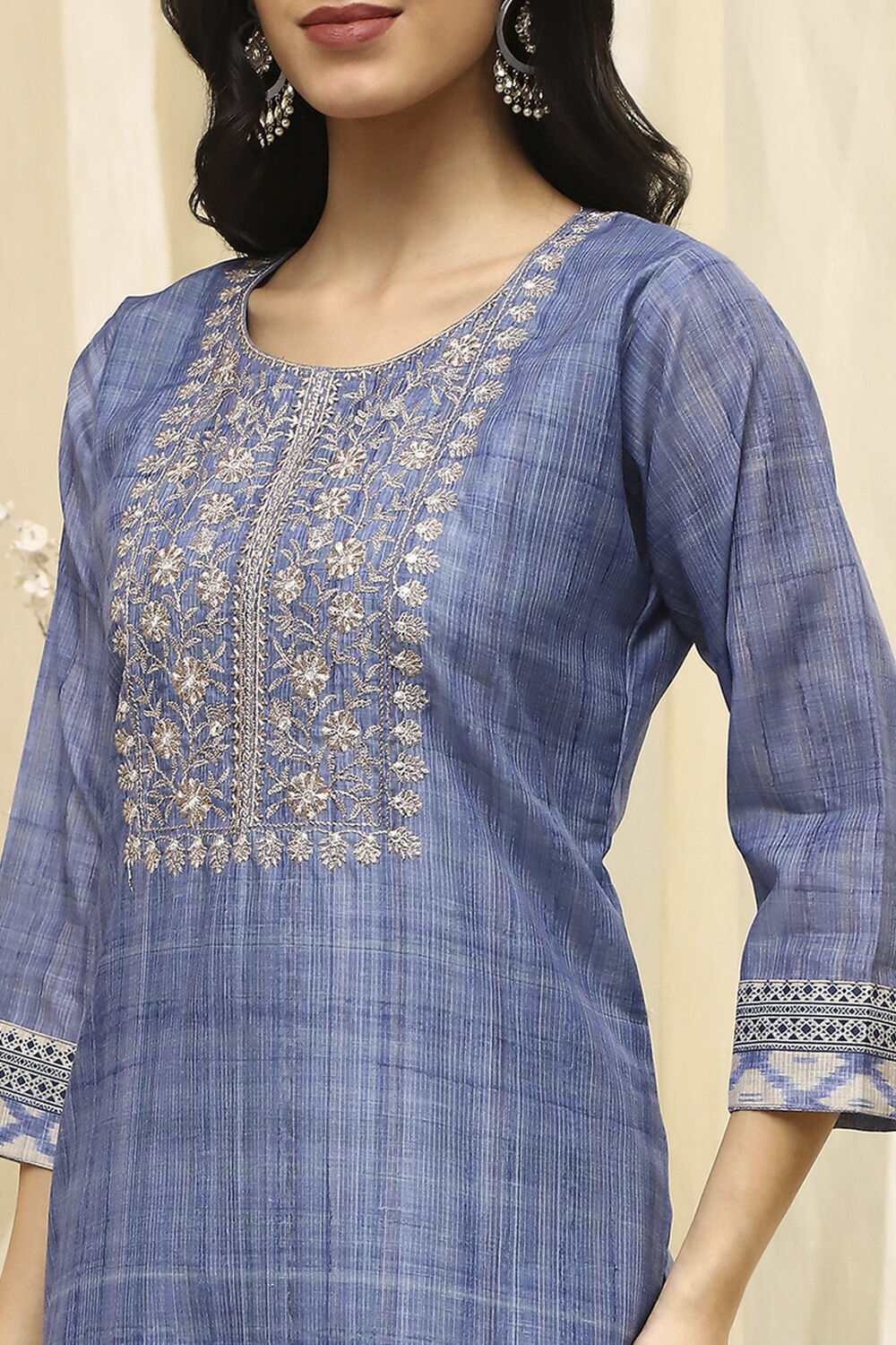 Blue Cotton Machine-Embroidered Unstitched Suit Set image number 2