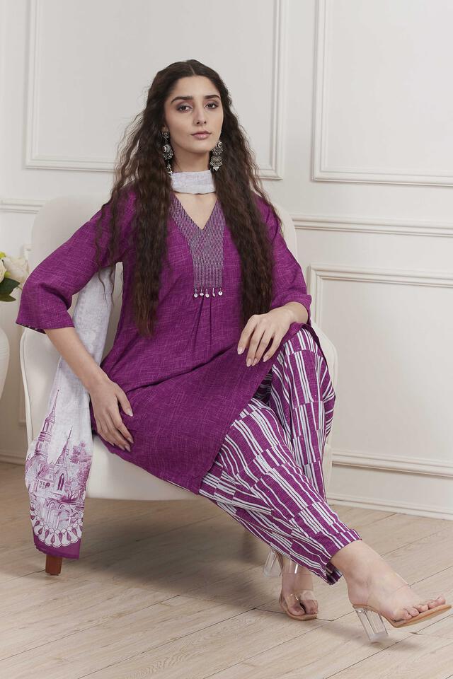 BIBA Purple Viscose Rayon Straight Suit Set in Purple