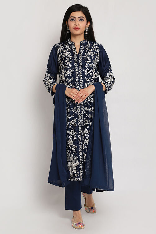 Blue Viscose Silk Front Open Kurta Regular Pant Suit Set image number 0