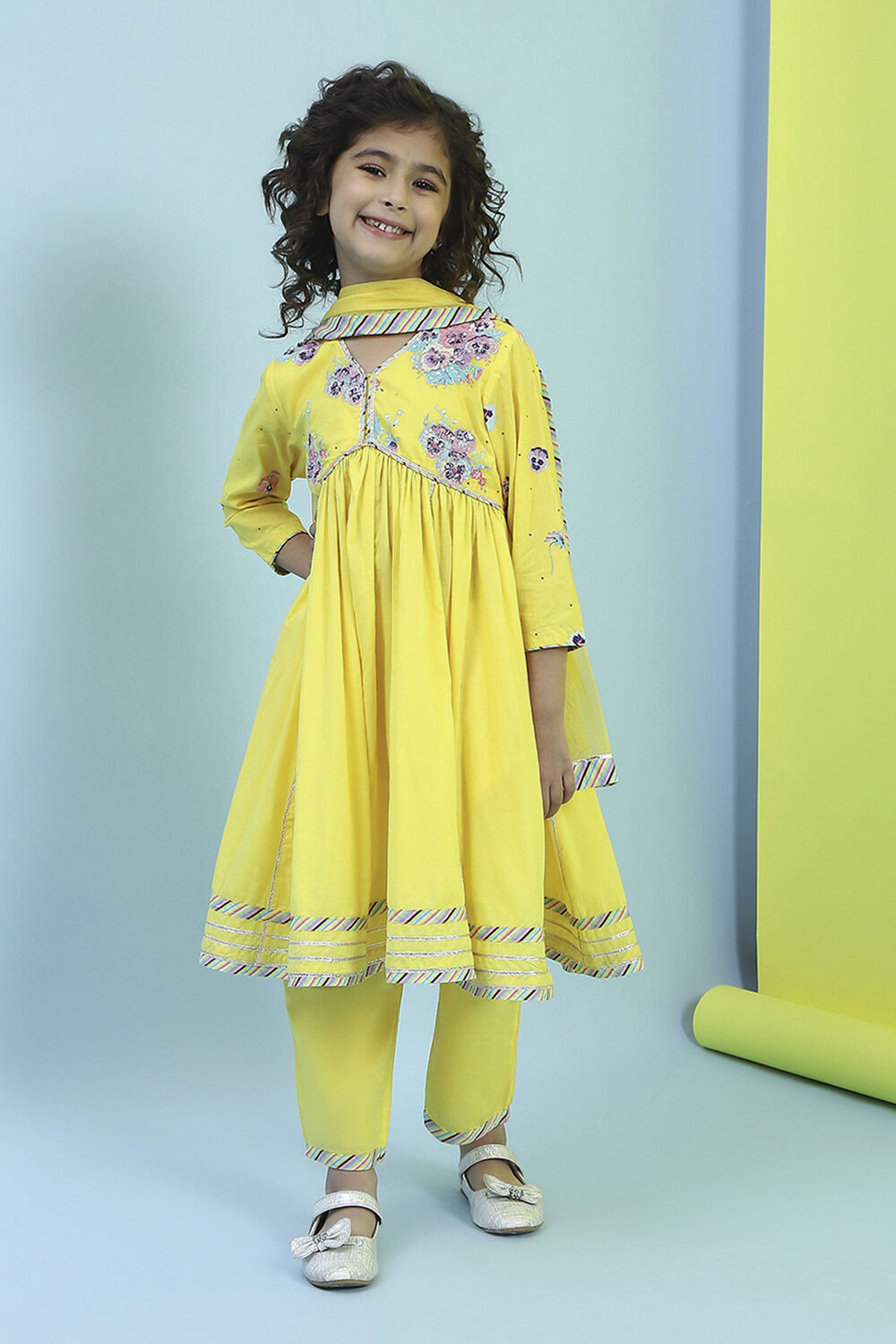 Yellow Cotton Embroidered Gathered Suit Set image number 6