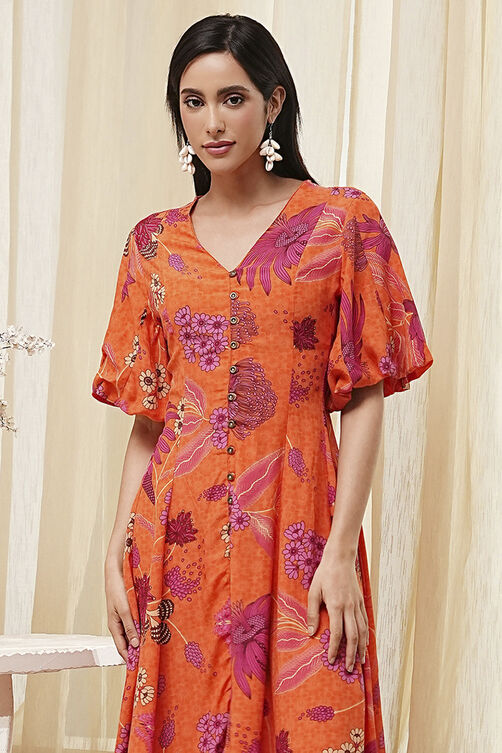 Orange Floral Printed Flared Dress image number 1
