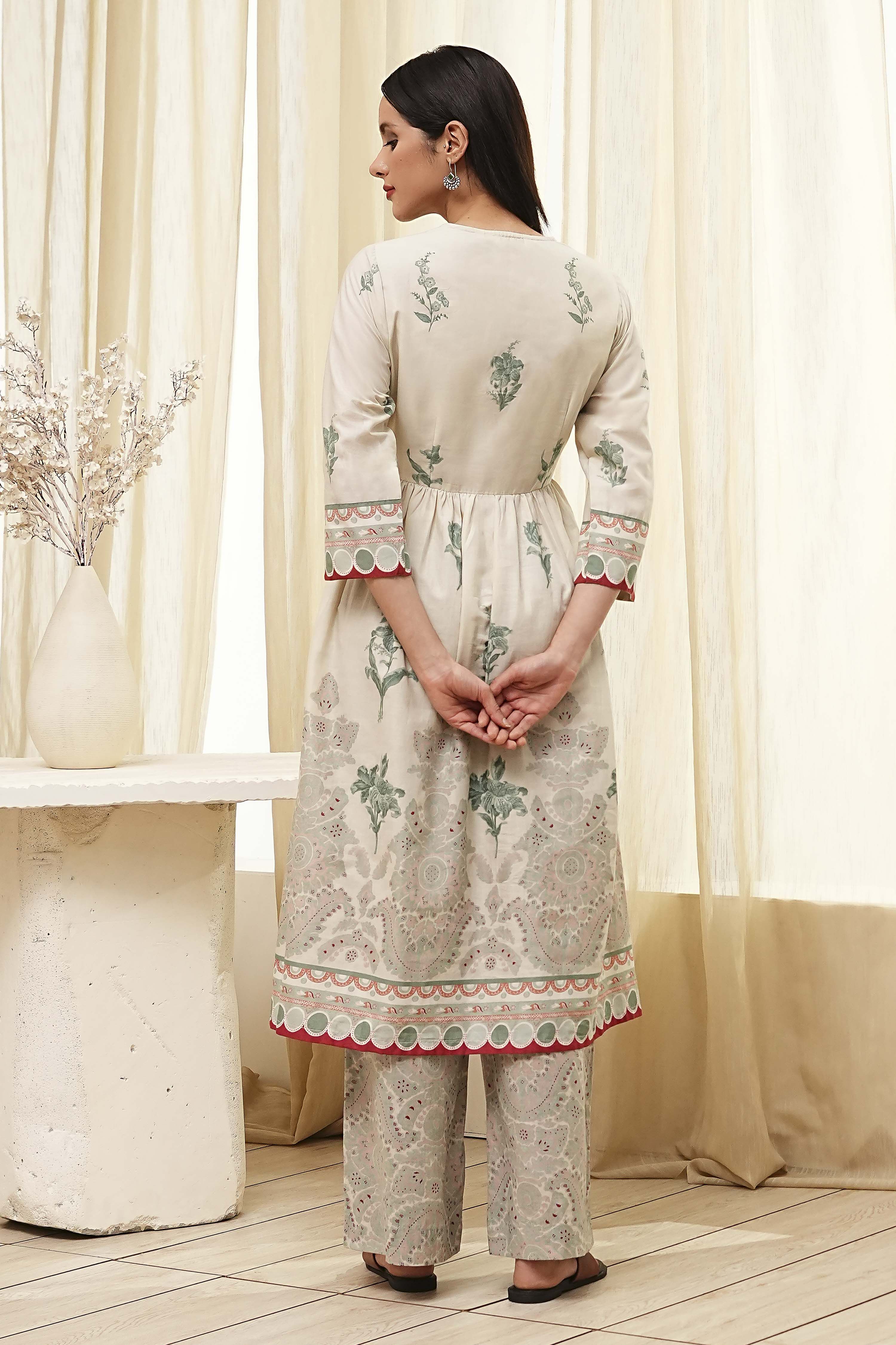 Beige and Green Cotton Angrakha Anarkali Kurta Set image number 4