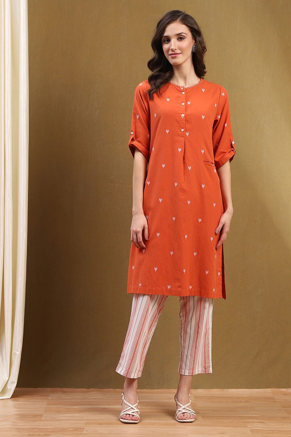 Orange Cotton Printed Straight Suit Set image number 6