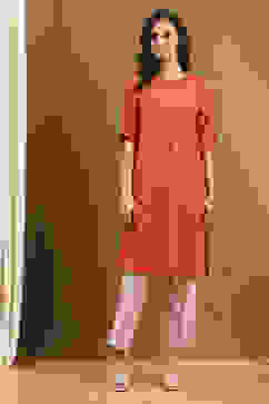 Orange Cotton Printed Straight Suit Set image number 6