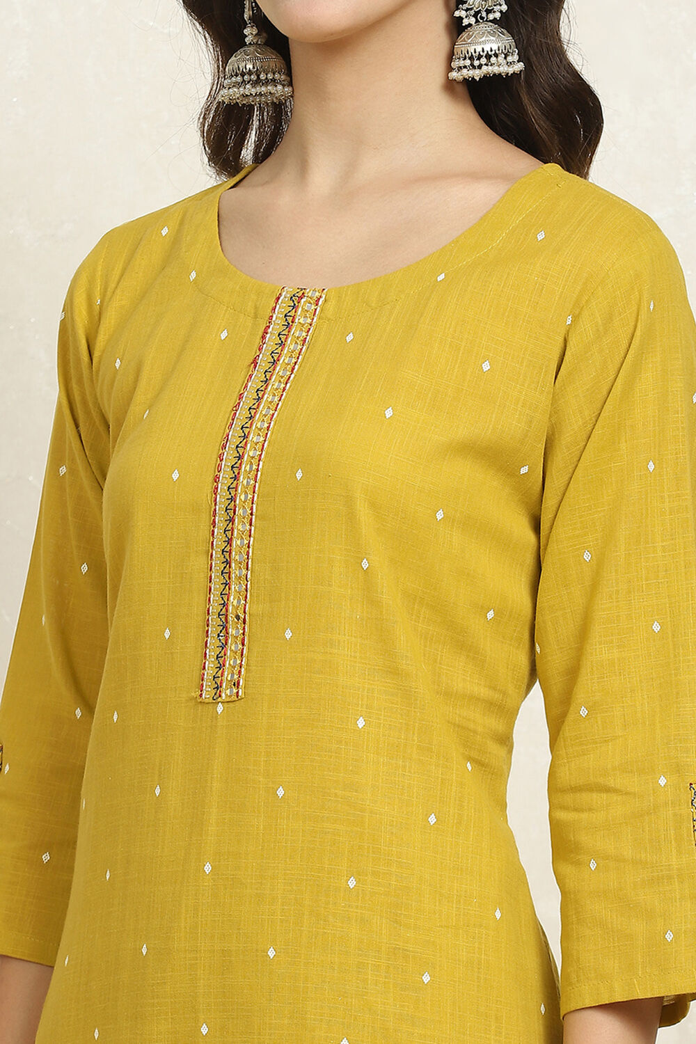 Yellow Cotton Handloom Unstitched Suit Set image number 2