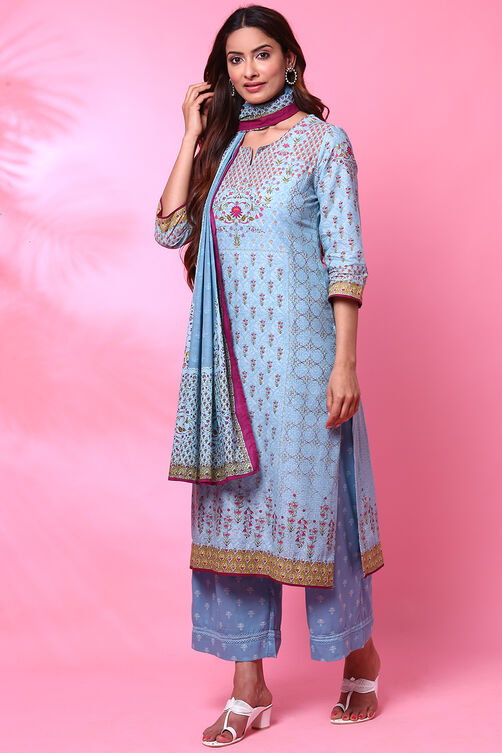 Beige Cotton Straight Kurta Palazzo Suit Set image number 5