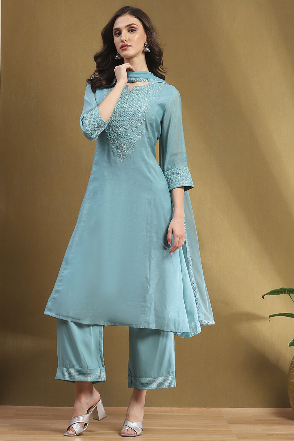 Turquoise Embroidered Festive Kalidar Suit Set image number 0