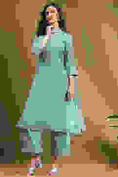 Turquoise Embroidered Festive Kalidar Suit Set image number 0