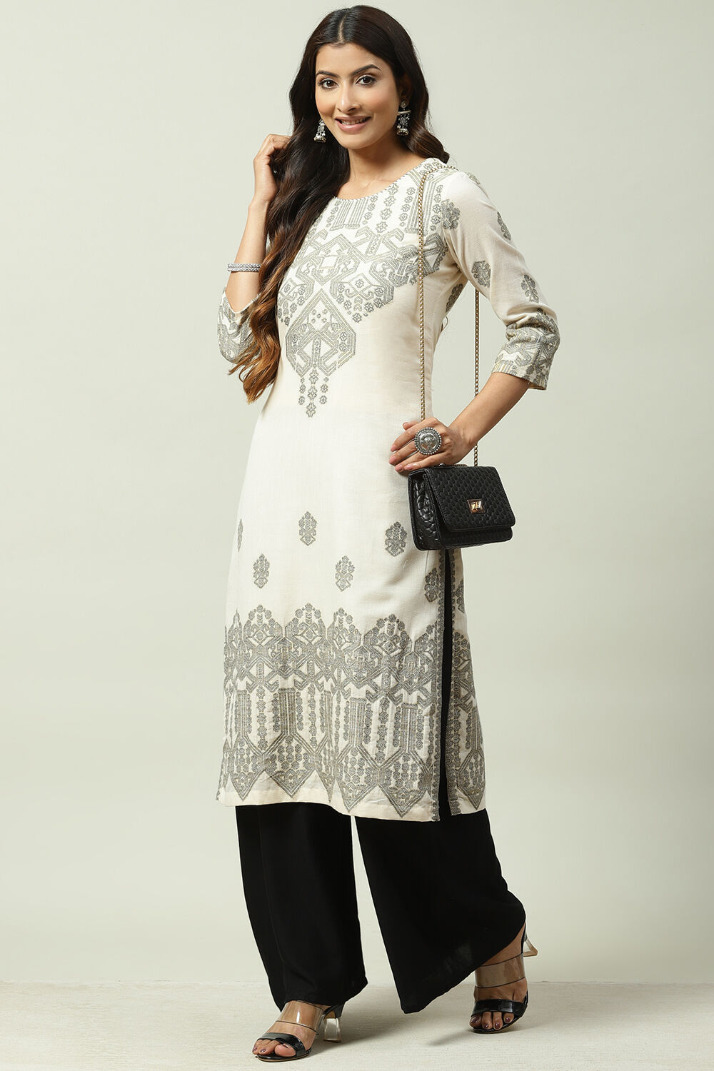 Black Beige Art Silk Straight Kurta image number 5