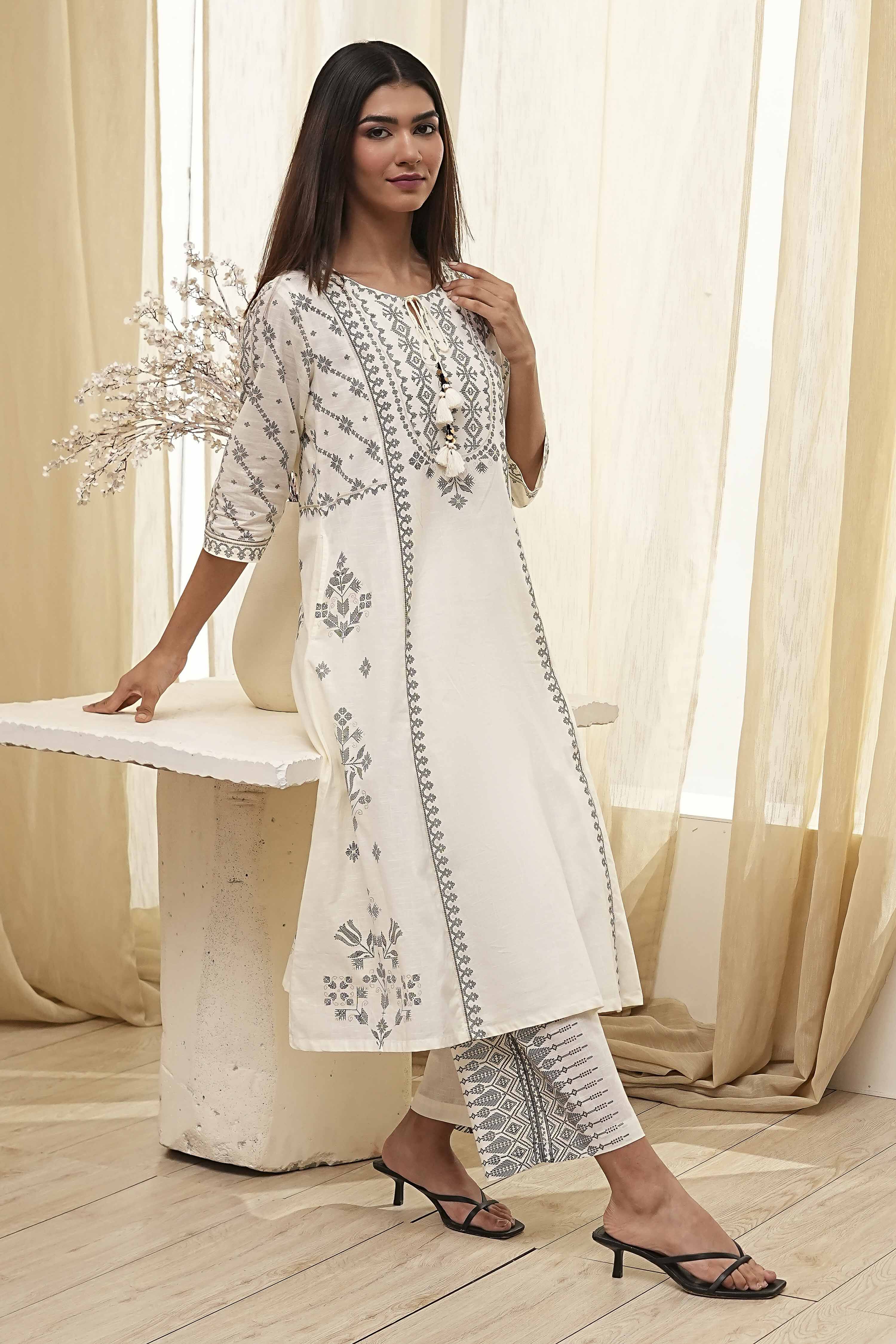 Off-White Pure Cotton Printed A-line Kurta Set image number 0