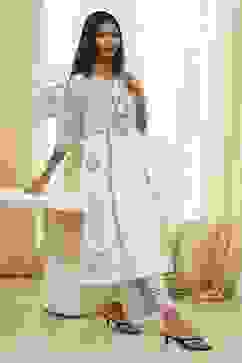 Off-White Pure Cotton Printed A-line Kurta Set image number 0