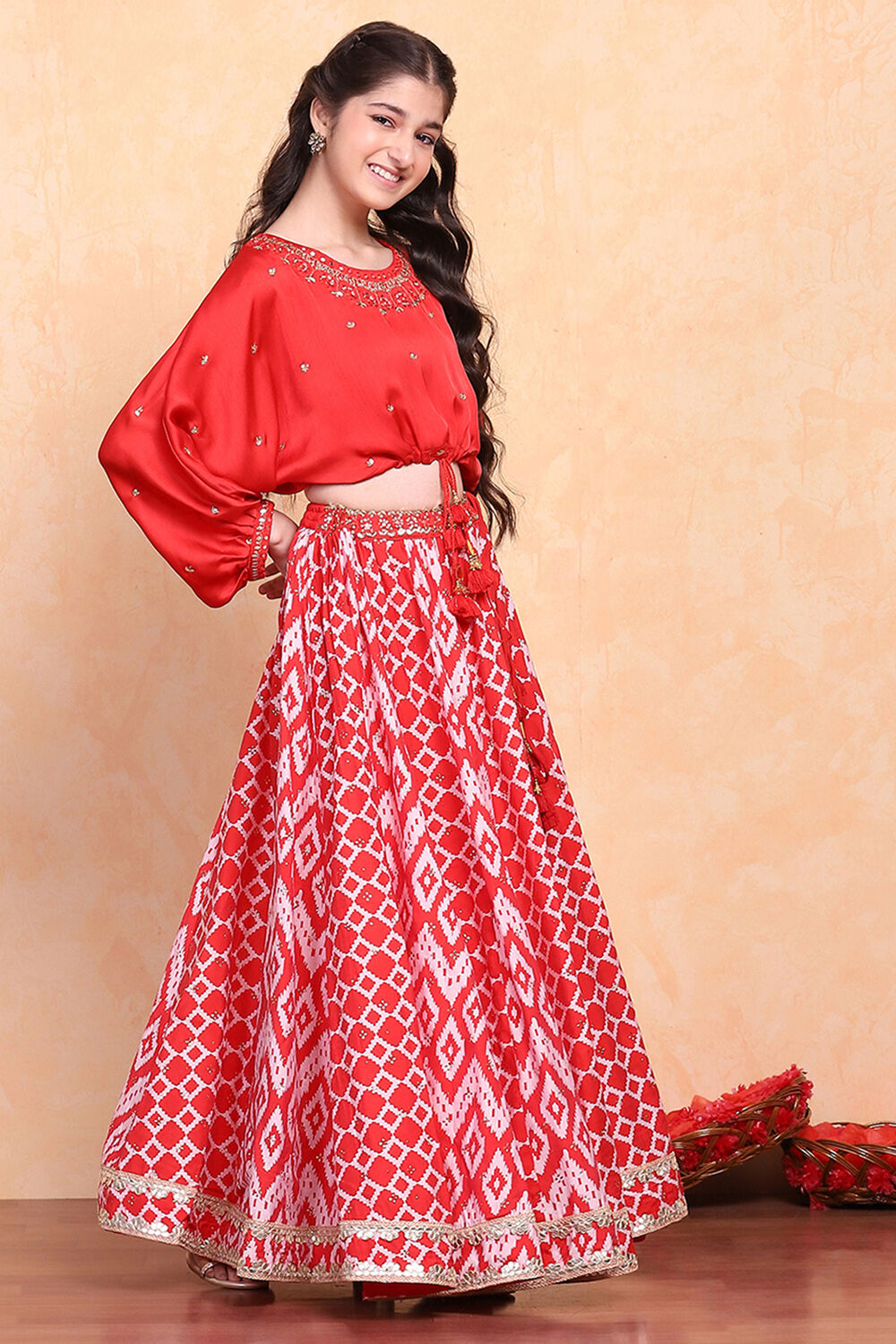 Red Printed Fusion Flared Lehenga Set image number 4