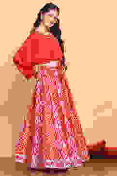 Red Printed Fusion Flared Lehenga Set image number 4