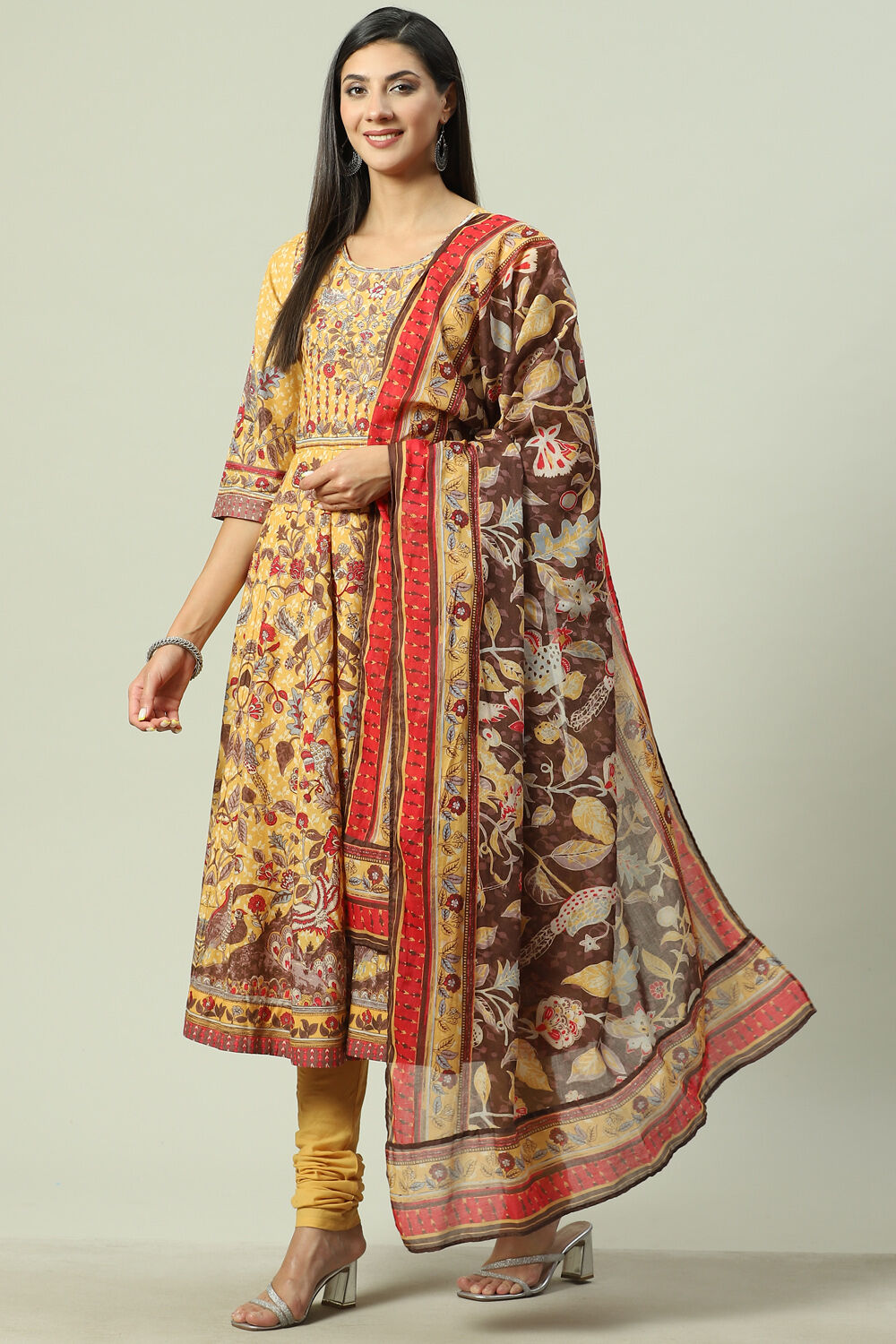 Beige Cotton Printed Anarkali Suit Set image number 0