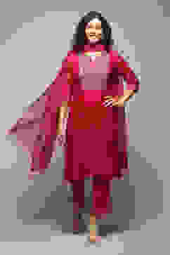 Fuchsia Poly Cotton Straight Kurta Pant Suit Set image number 7