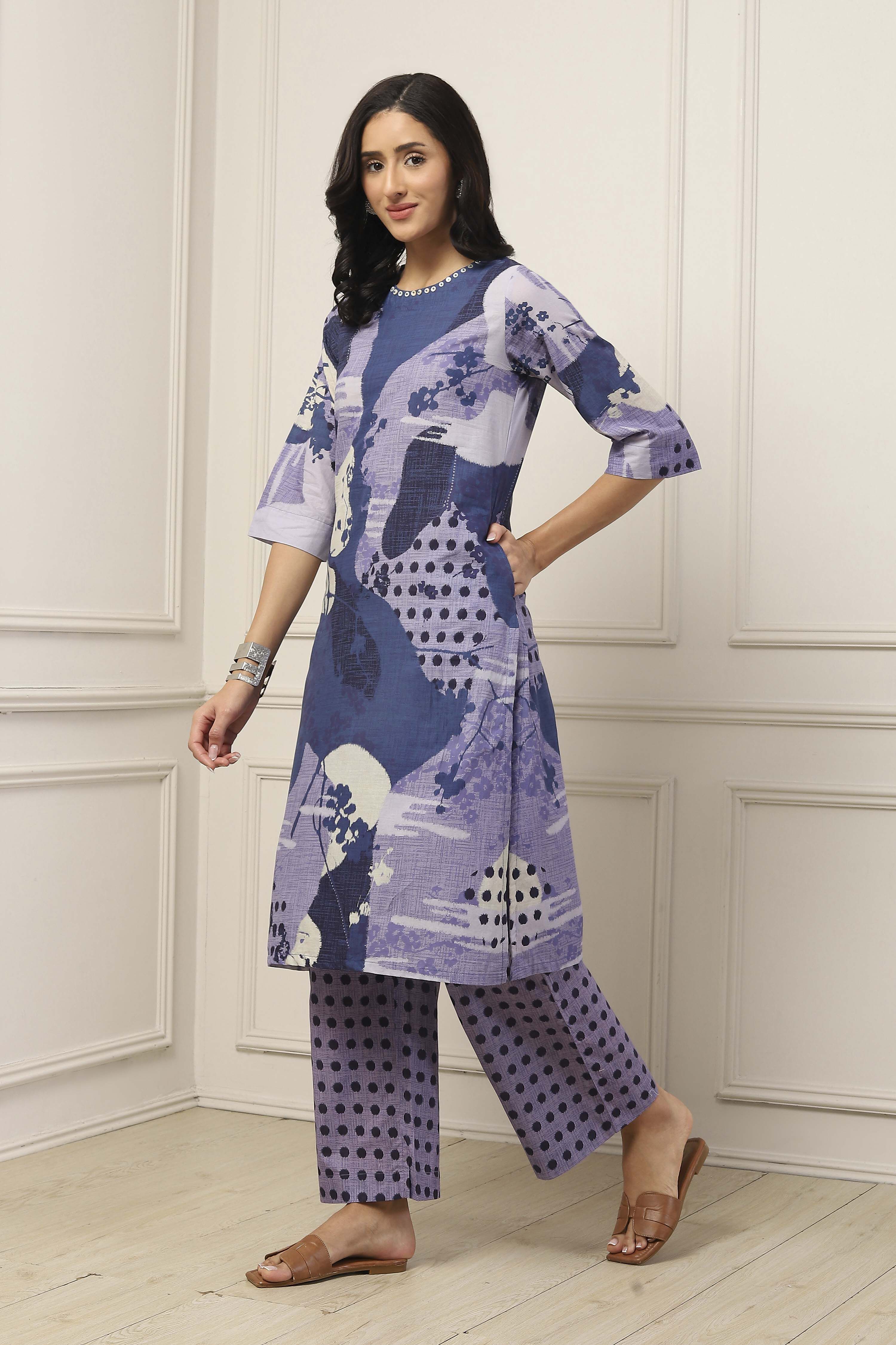 Blue Cotton Abstract Printed Straight Suit Set image number 3