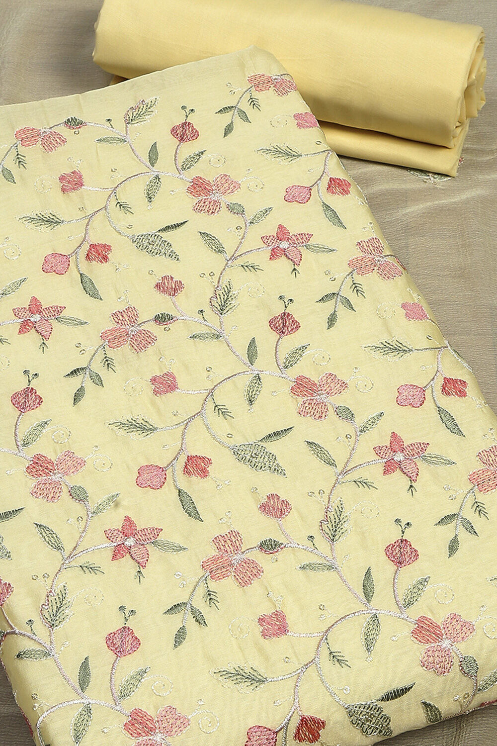 Yellow Chanderi Blend Unstitched Suit Set image number 4