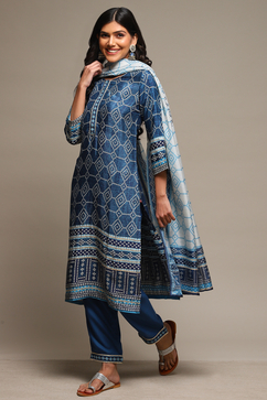 White & Blue Viscose Straight Kurta Pants Suit Set image number 5
