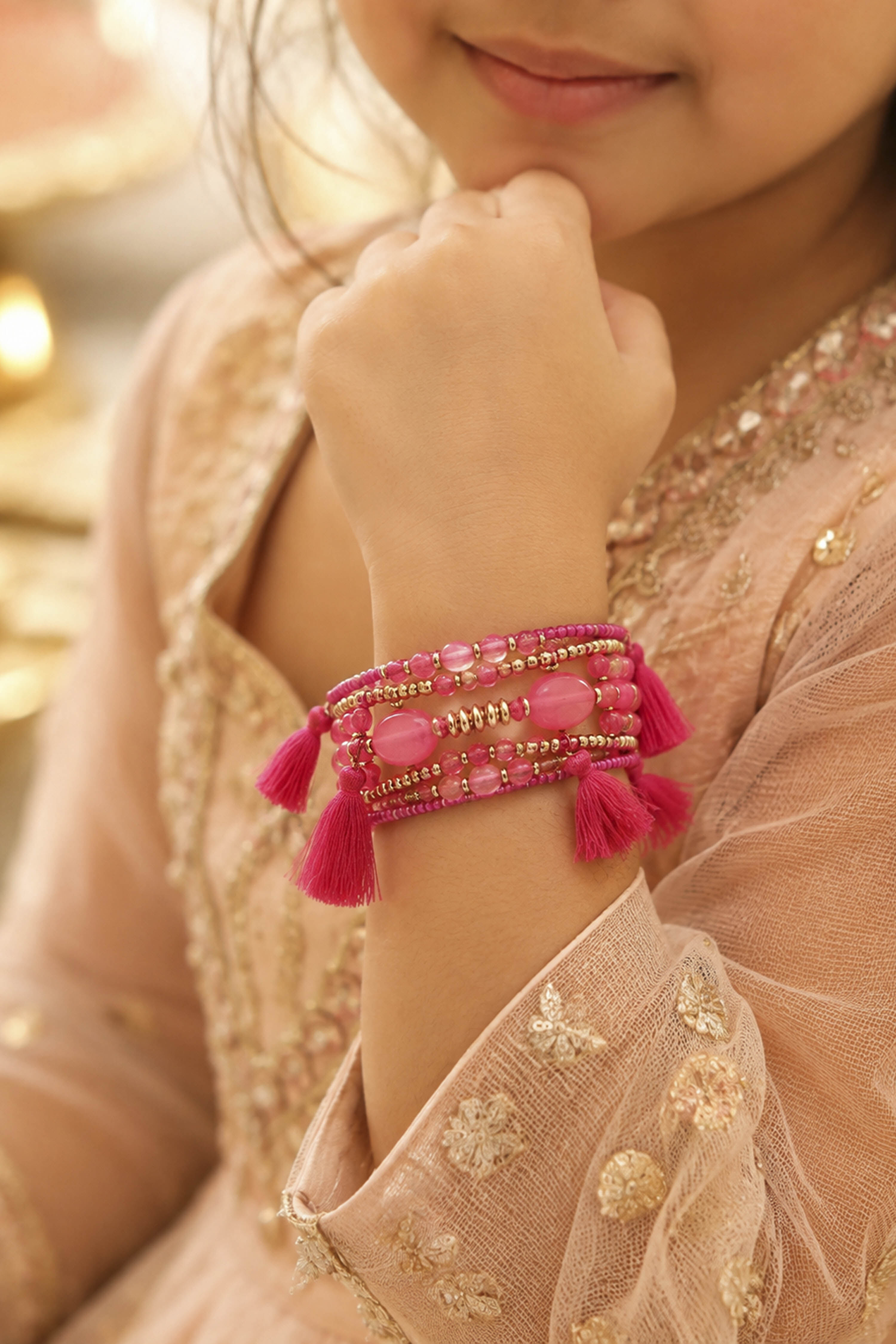 Pink Plastic Warp Around Beaded Bangle image number 3