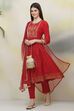 Red Art Silk A-Line Kurta Slim Pant Suit Set image number 0