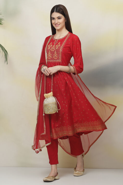 Red Art Silk A-Line Kurta Slim Pant Suit Set image number 0