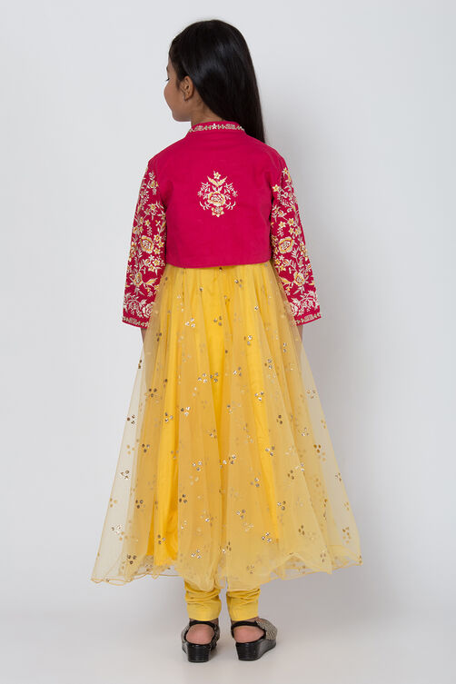 Pink And Yellow Poly Cotton Anarkali Kurta Churidar Suit Set image number 5