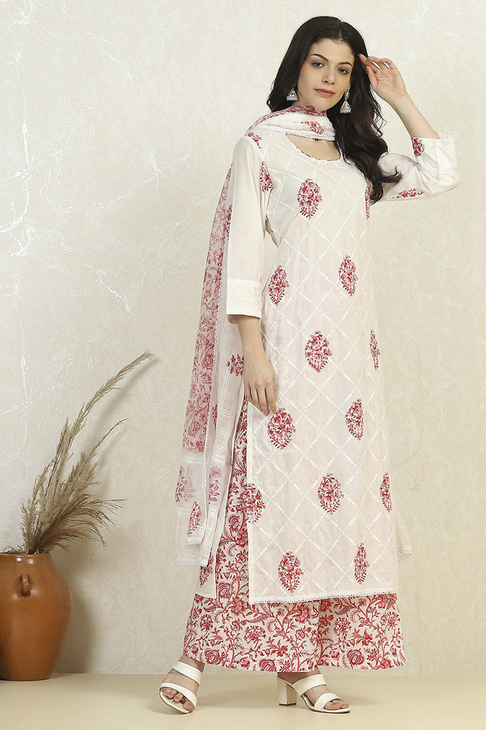 White and Blue Cotton Printed Unstitched Suit Set image number 6