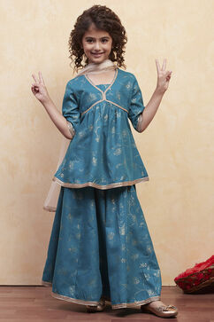 Teal Green Printed Peplum Suit Set image number 0
