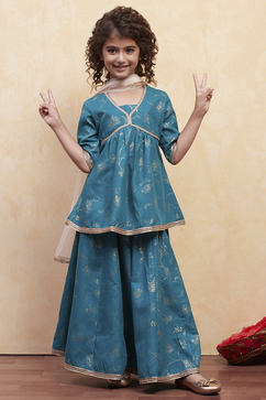 Teal Green Printed Peplum Lehenga Set image number 0