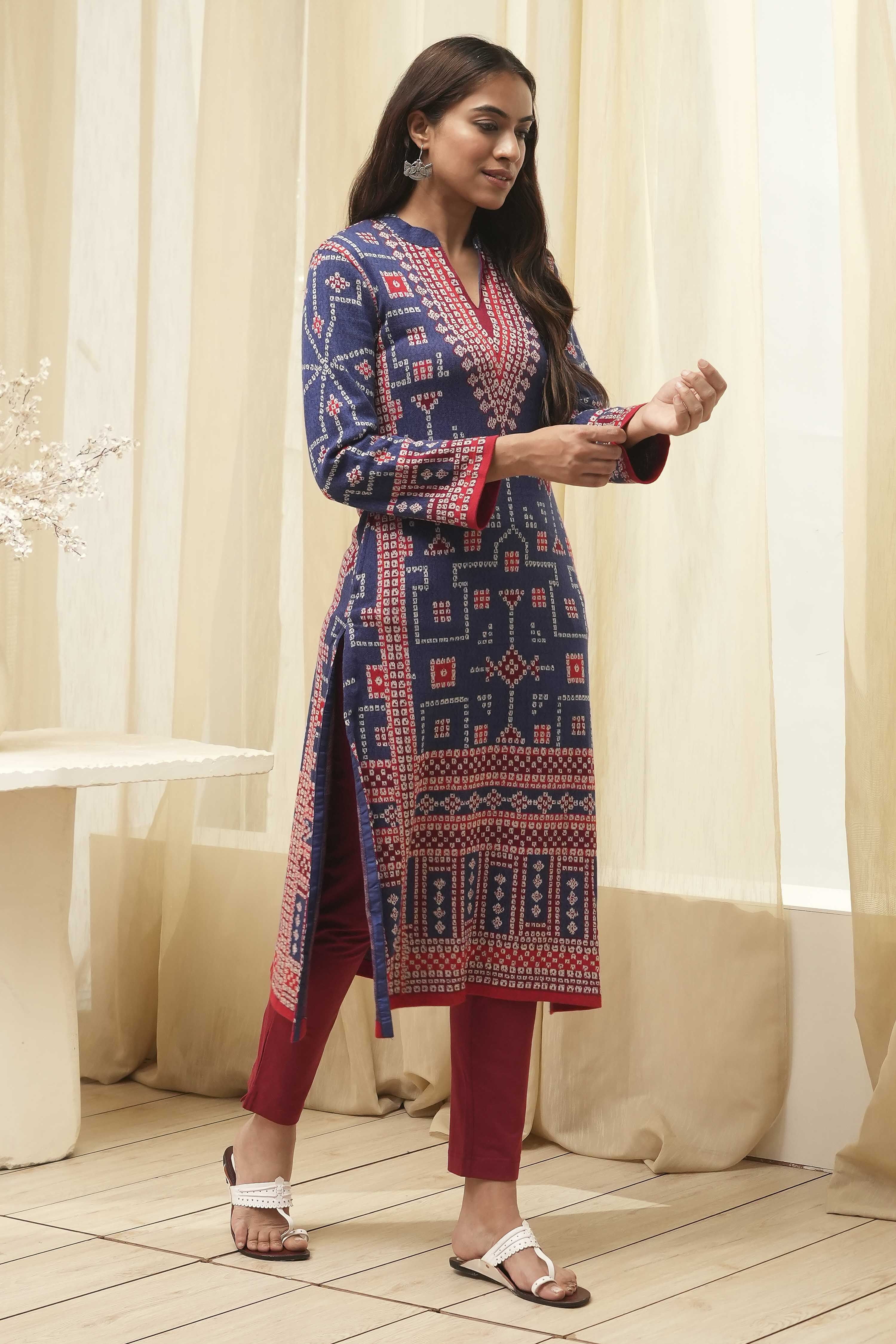 Royal Blue Acrylic Straight Kurta image number 2