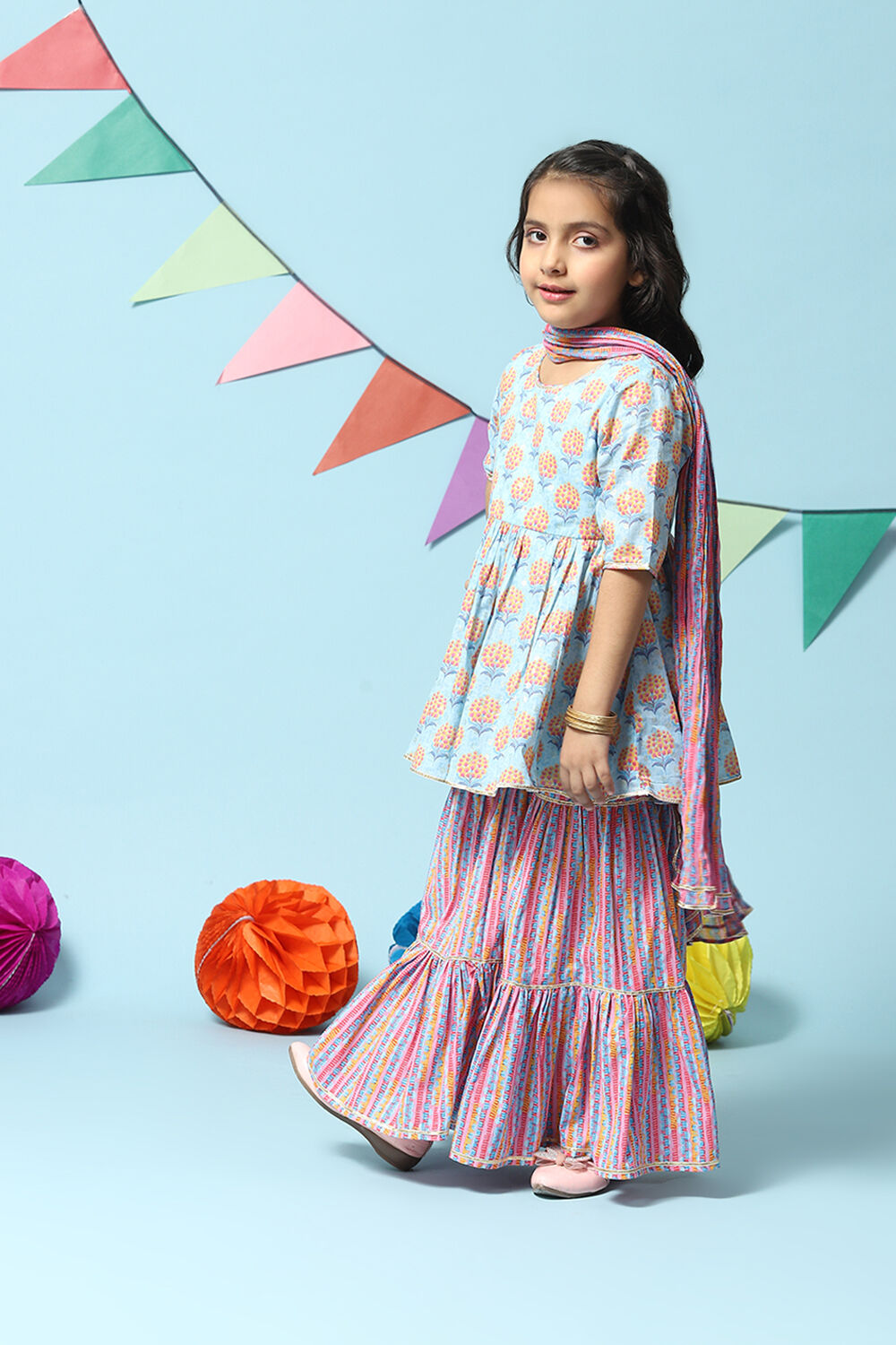 Light Blue Cotton Gathered Kurta Garara Suit Set image number 5