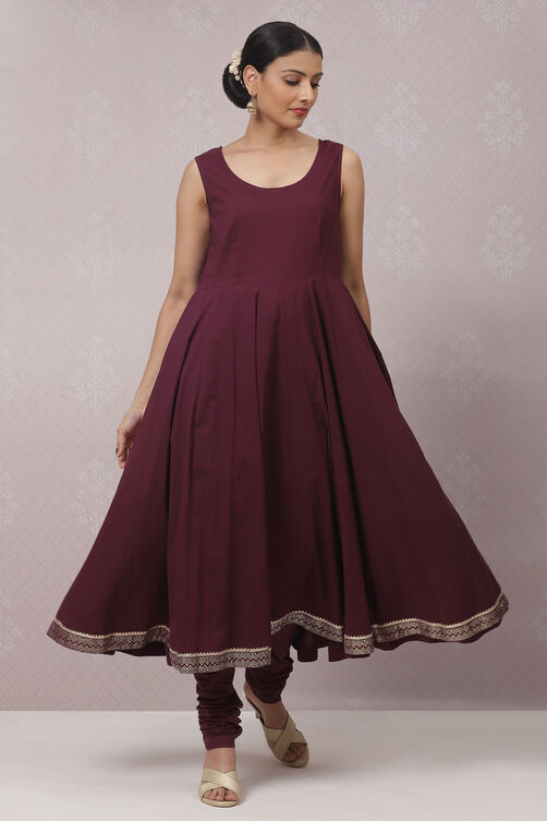 Wine Cotton Silk Flared Kurta Churidar Suit Set image number 5