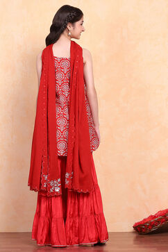 Red Viscose Blend Sharara Suit Set image number 5