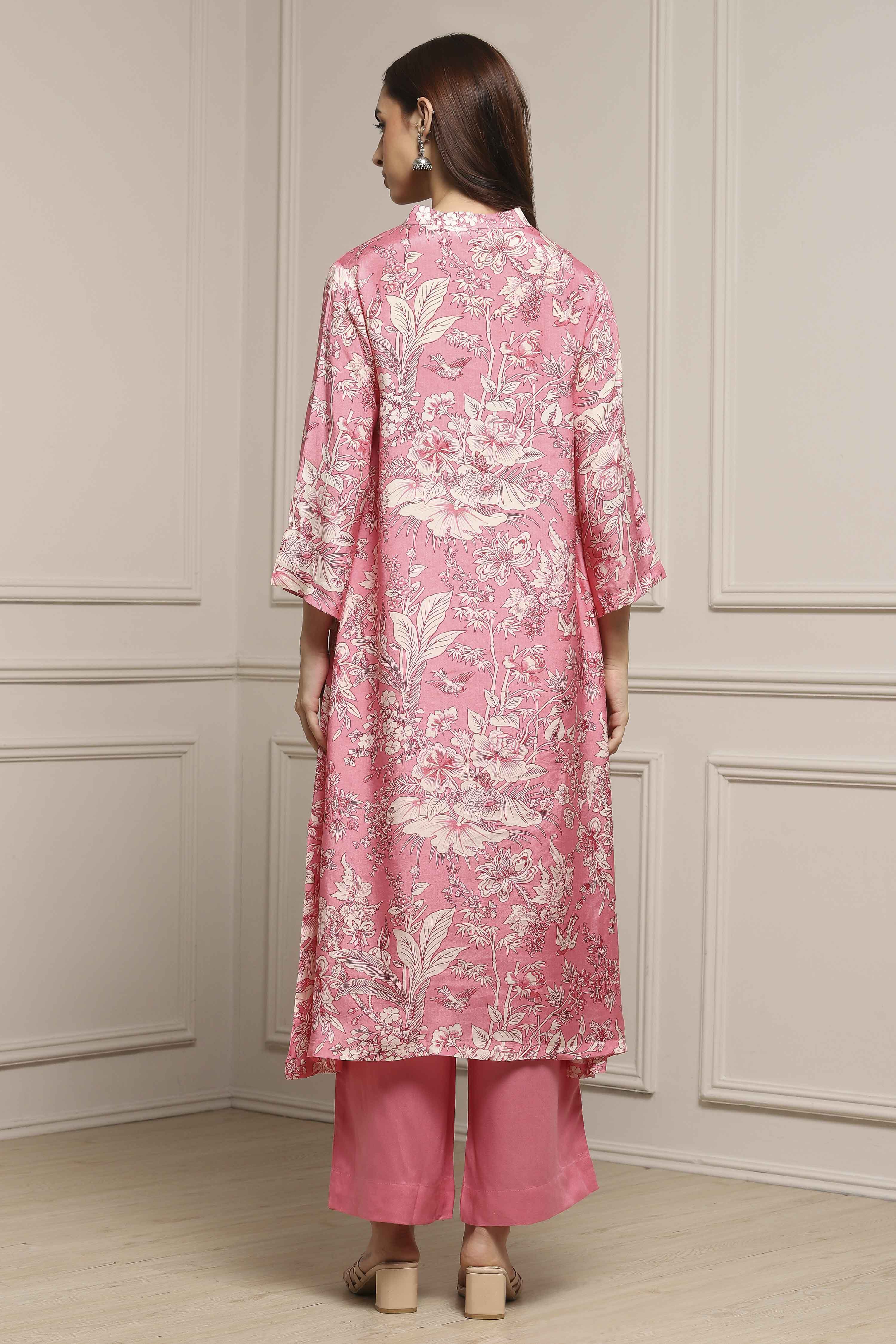 Pink Viscose Rayon Asymmetric Printed Suit Set image number 4