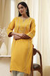Ochre Yellow Cotton Solid Straight Kurta image number 6