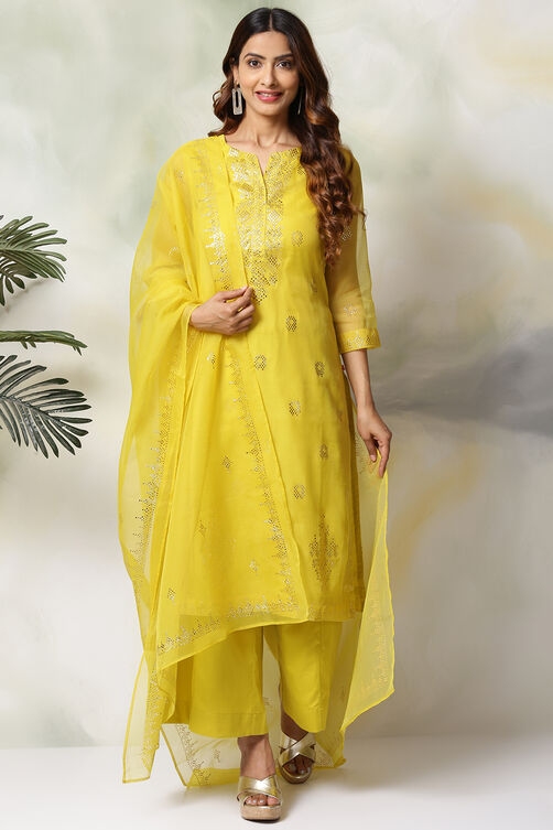 Lime Green Art Silk Straight Kurta Flared Palazzo Suit Set image number 5