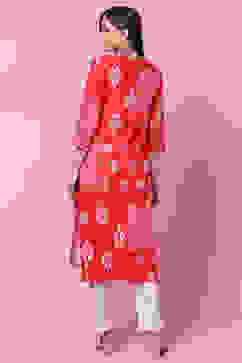Red Cotton A Line Kurta image number 4