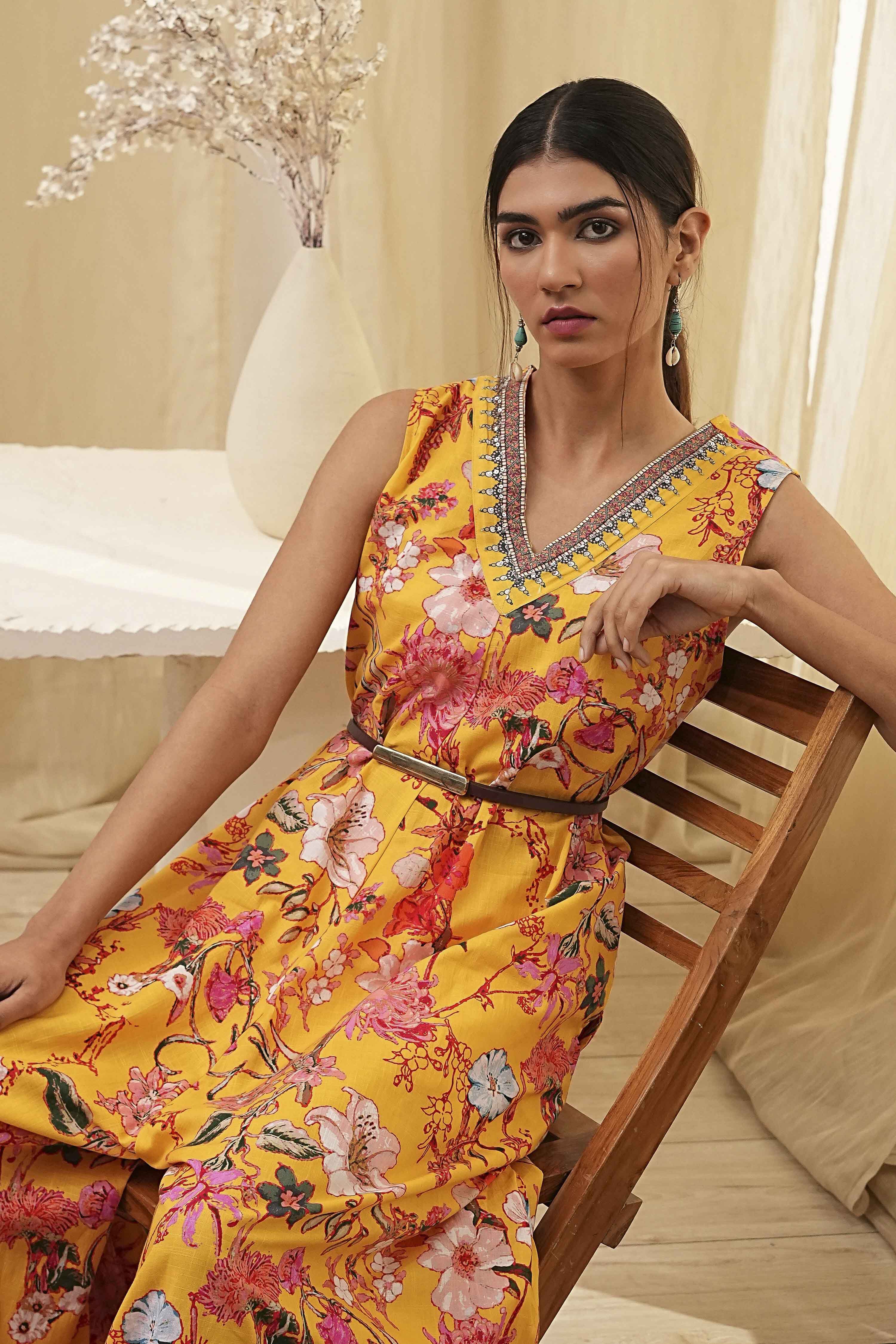 Yellow Cotton Floral Flared Jumpsuit image number 6