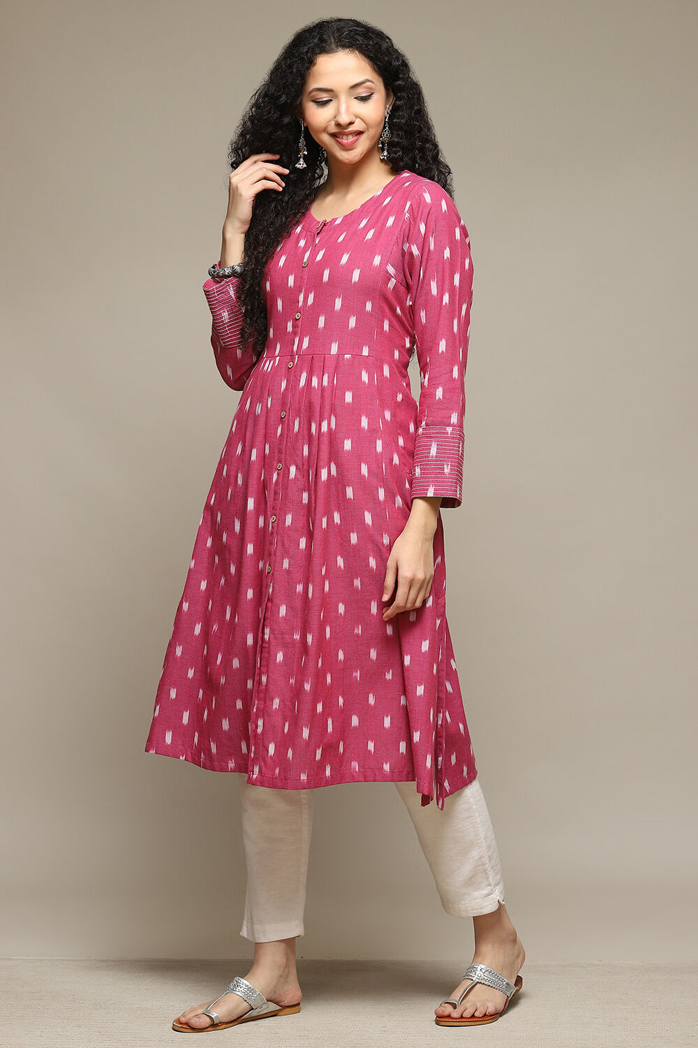 Pink Cotton IKAT Flared Yarndyed Kurta image number 2