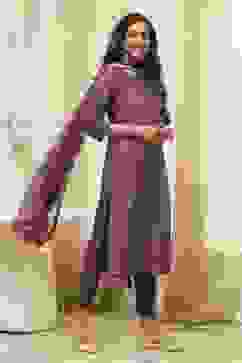 Purple Art Silk Straight Kurta Slim Pant Suit Set image number 6