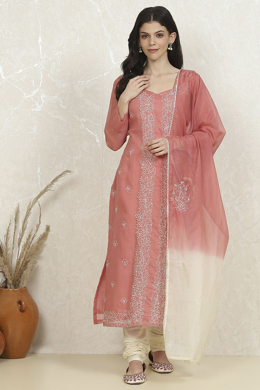 Peach Cotton Hand Embroidered Unstitched Suit Set image number 7