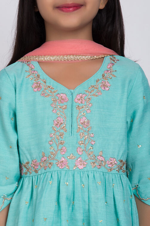 Turquoise Poly Cotton A-Line Kurta Dhoti Salwar Suit Set image number 1