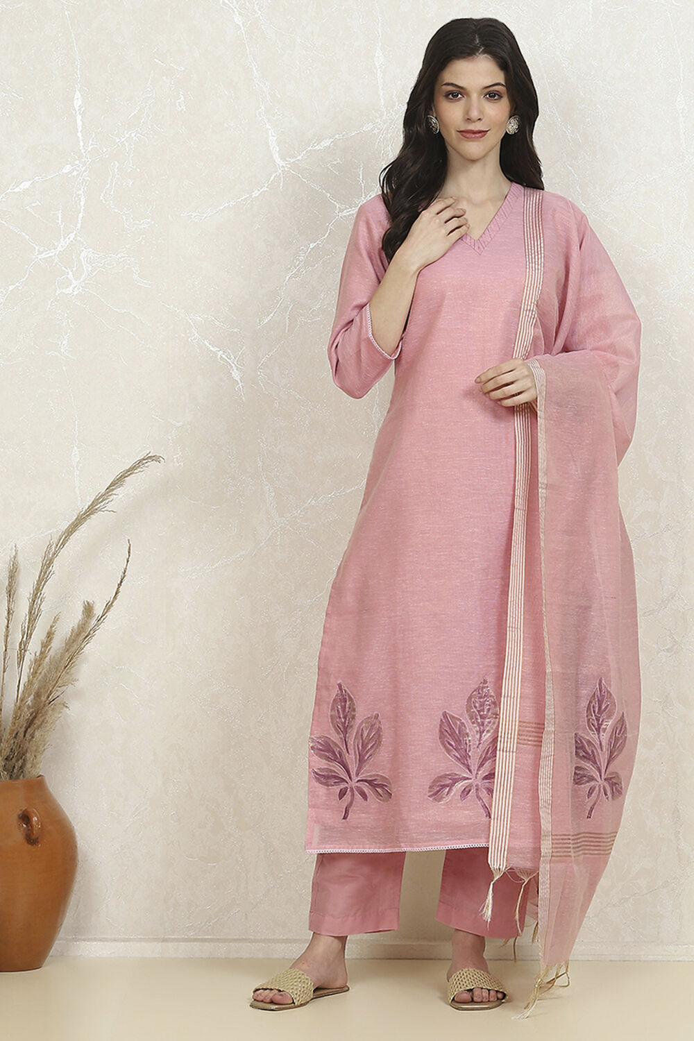Pink Tissue Hand Embroidered Unstitched Suit Set image number 7