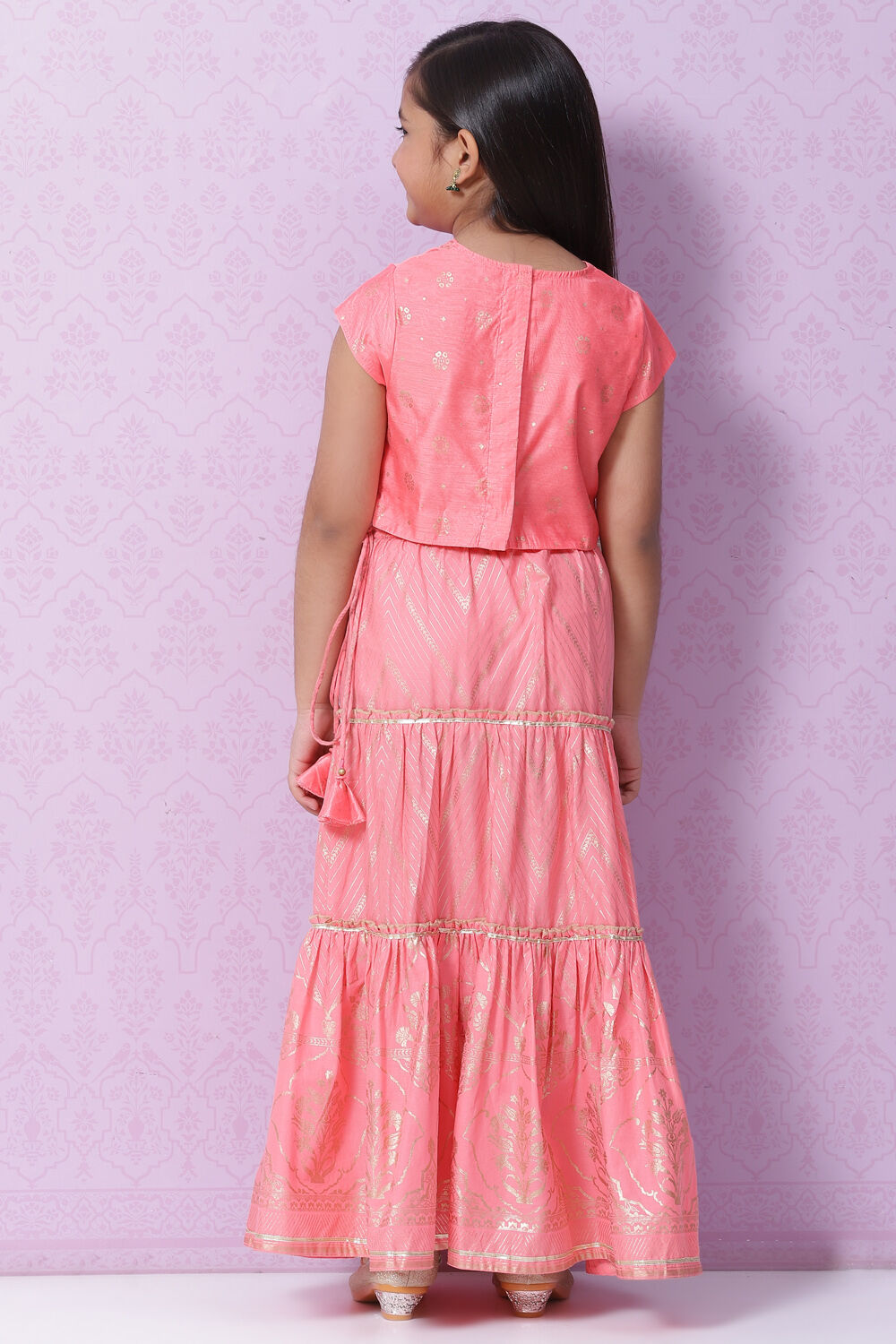 Red Art Silk Printed Short Top Lehenga Set image number 4