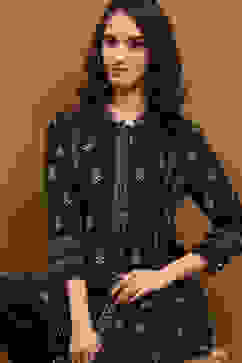 Black Floral Printed Gathered Short Kurta image number 6