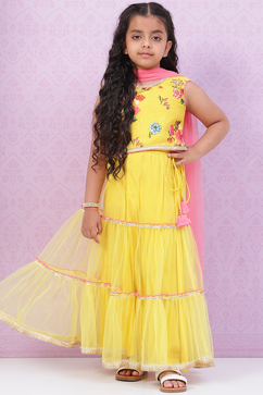 Lime Yellow Art Silk Lehenga Set image number 6