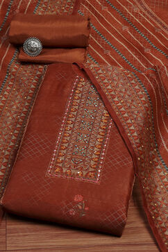 Brown Chanderi Printed Embroidered Unstitched Suit Set image number 0