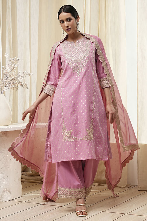 Powder Pink Embroidered Straight Suit Set image number 3